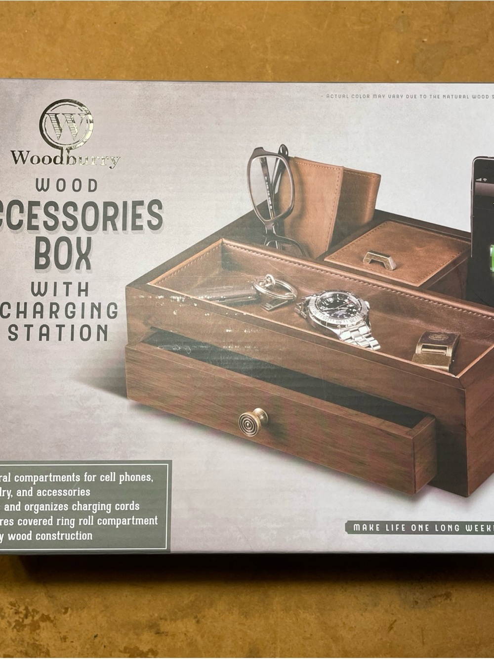 Brown Wood Accessories Organizer with Charging Station
